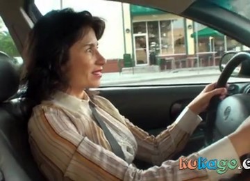 Horny Brunette Woman In The Car