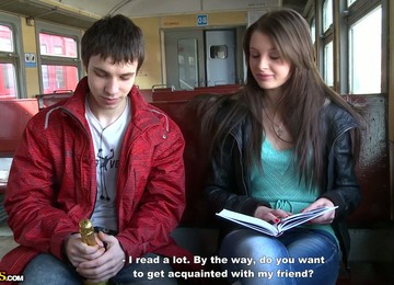 Slutty Beautiful Girl Meets Two Guys In The Train And Has A Threesome