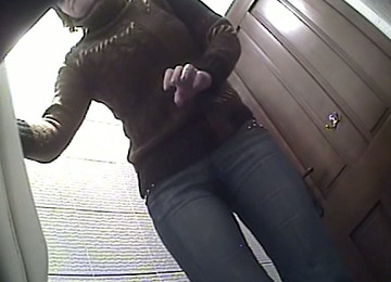 Brunette Amateur Woman In Jeans Pisses In The Public Restroom