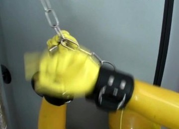 Girl Full Encased In Yellow Latex Catsuit + Fishnets Makes Self Bondage