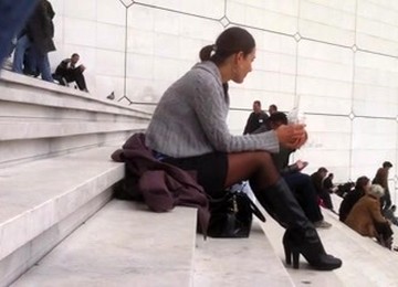 Hawt Woman In Darksome Hose Sit On Stairs