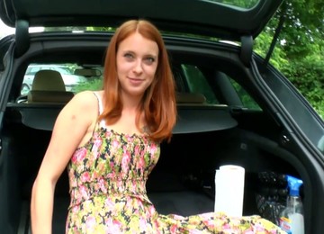 Yummy Ginger Girlfriend Is Masturbating Her Whorish Pussy In The Trunk