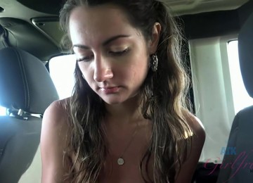 Naughty Girl, Lily Adams Is Sucking Dick In The Car And Rubbing It To Make It Explode