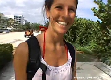 Cute And Busty Brunette Jerks Off A Man She Met At The Beach Until He Spews