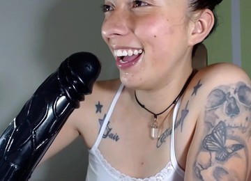 Inked Amateur Teen Has Fun With Huge Dildo