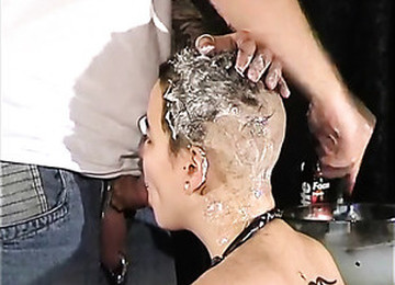 Shaving Her Head As She Sucks His Dick