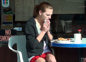 Skinny Perverted Skank Decided To Play With Her Clam During Breakfast