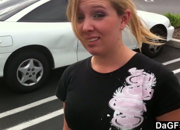 A Hot Blonde Gives A Blowjob To Her Boyfriend In A Car