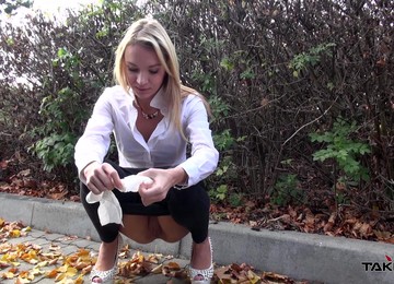 Blonde Babe Angel Fucked In A Car After Peeing On The Street