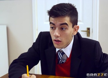 Long-legged Teacher Spreads Stockinged Legs To Orgasm