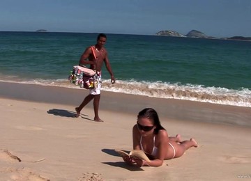 Whorish Tattooed Brunette Gets Sandwiched Outdoors