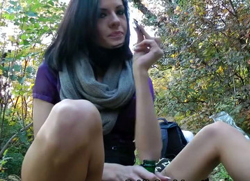 Filthy Brunette Prostitute Finger Fucks Her Stretched Vagina