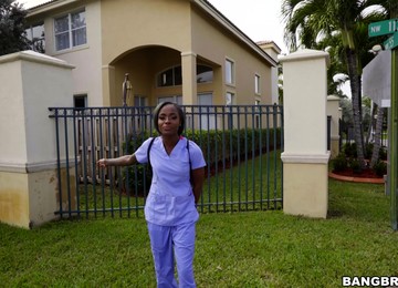 Ebony Nurse Lexxi Deep Strokes A Large Dick In Back Of The Van