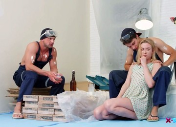 Kind And Too Pale Blond Head Provides Two Workers With Really Good BJs