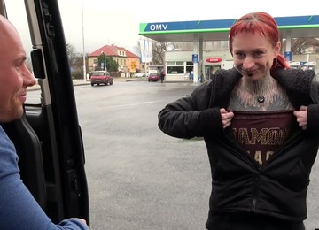 Totally Pierced And Tattooed Wierd Creature Rock The Cock In Driving Car