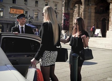 Classy MILF Sluts Kayla Green And Angelina Brill Share Dick In A Car