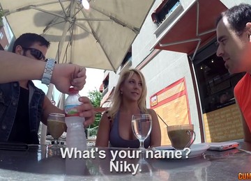 Spanish Waitress With Big Boobs Doesn't Mind If Two Dudes Fuck Her In The Toilet