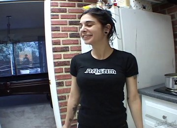 Slutty Brunette Strips In The Kitchen For A Hot Anal Toying Pov Shoot