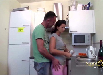 Busty MILF Fuck Tattooed Guy In The Kitchen