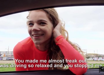 Curly Ginger Passenger Babe Gives A Blowjob In A Car And Gets Fucked In Public