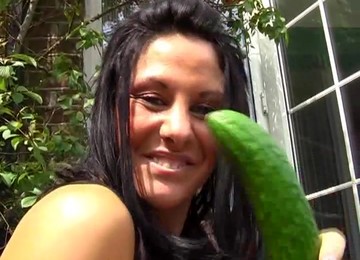 Naughty Babe Crystel Lei Drills Her Pussy With A Big Cucumber