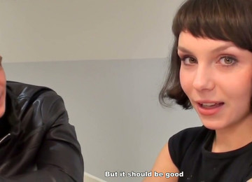 Adorable Brunette Sweetie Fiona Has Dirty Talk With Two Eager Fellows