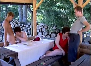 Nice Lunch Turned In To Outdoor Foursome Banging Action