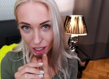 After Eating A Banana Charming Blondie Angelika Grays Gives BJ And Rides Cock