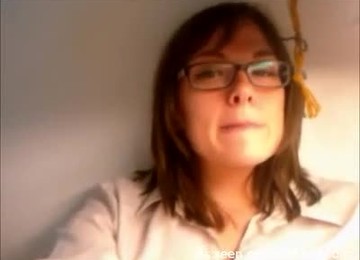Cute Brunette In Glasses Finger Fucks Her Sweet Pussy