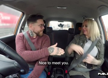 Heavy-Breasted Brit Driving Student Publicly Cockrides On Front