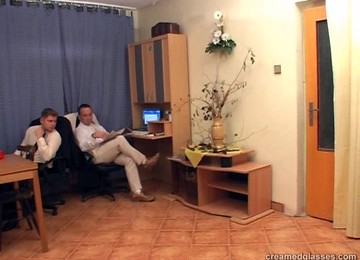 Slutty Blonde Bitch Fucks Hard With Guys In An Office