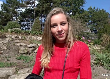 GERMAN SCOUT - SKINNY COLLEGE TEEN EMILY TALK TO FUCK AT STREET CASTING - Angel Emily