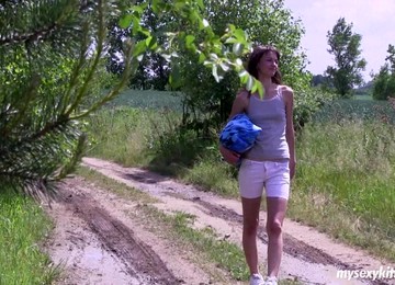 Slim Brunette Teenage Babe Rubbing Her Bald Cunt Outdoors