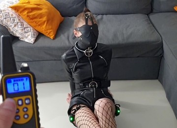 Puffer Jacket Bondage, Leather Hood Armbinder Bondage