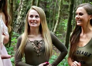 CFNM Dominas Jerk Off And Suck Sub In Forest Group Domination