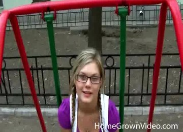 Blonde Chick With Glasses Sucks On A Hard Cock Outside