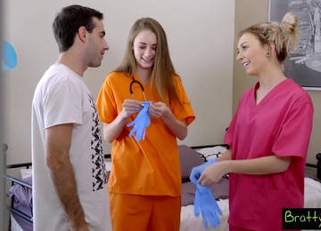 Intern Nurse Chloe Temple And Her Best GF Examine Stepbrother's Cock