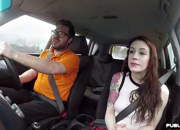 Tattooed Babe With Medium Tits Fucked In The Car By The Instructor