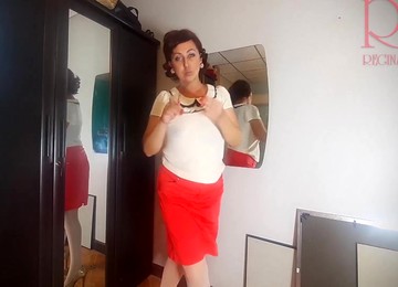 A Naked Lady Does Make-up In Front Of A Mirror, Puts On Underwear, Stockings, A Skirt. Nudist 3