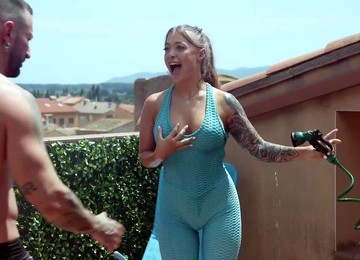 Misha Maver Gets Wet - Full Service Trainer - Outdoor Workout Wityh Busty Babe With Pierced Nipples