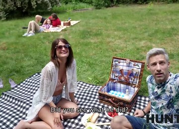 Brunette Offers Herself To A Hunk Straight Out Of Her Picnic From Her Agreeable Husband.