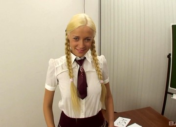 Skinny Blonde Feeds Her Shaved Pussy And Butt With A Long Penis