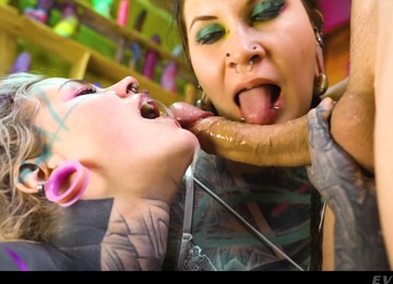 Busty Tattooed Kinky Sluts Share Long Dick In Threesome