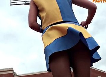 Lorine In Cheerleader Uniform And Pantyhose Shooting Balls And Flashing