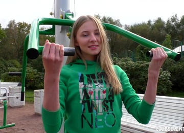 Teen Lesbian Babes Play With Toys After A Workout Indoors