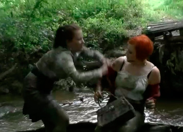 Two Hot Redhead And Brunette Bitches Have A Catfight In Mud